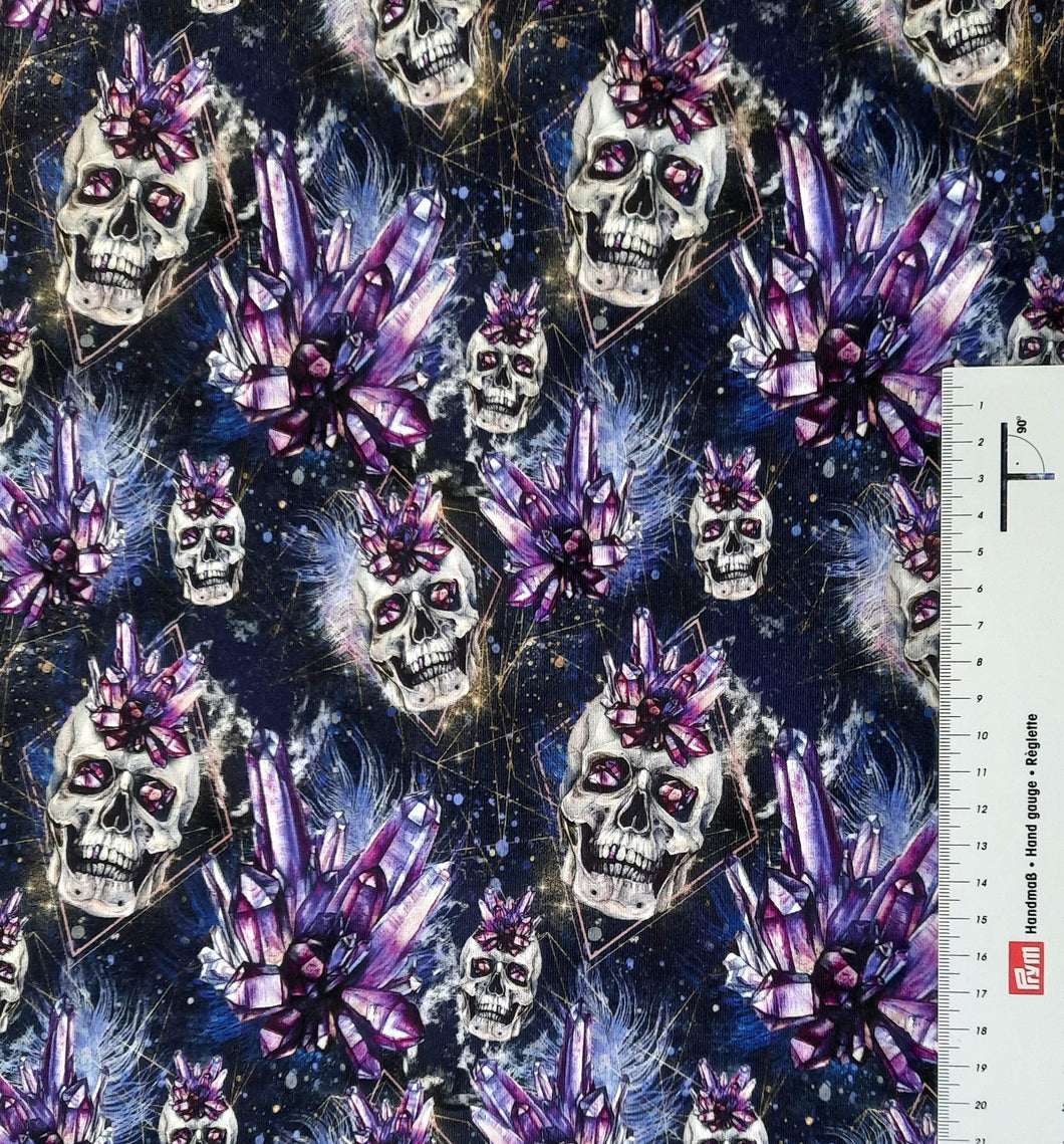 #107 skulls and crystals sold by the half meter Cotton Lycra surplus