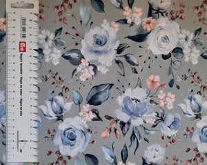 #217 blue flowers silver background 36 inch French Terry surplus