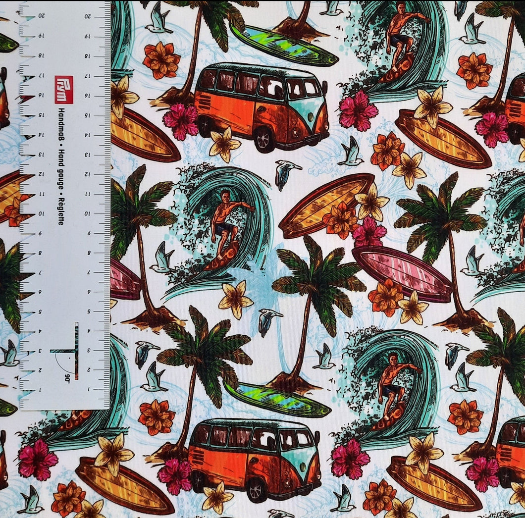 #148 surf and palm trees sold by the half meter Cotton Lycra surplus