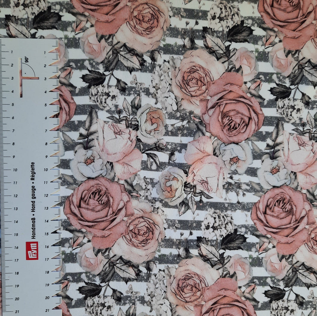 #289 gray striped roses sold by the half meter Cotton Lycra surplus