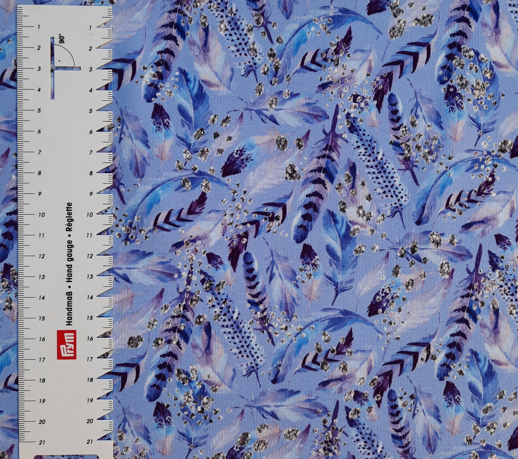 #219 feathers pale blue background sold by the half meter surplus French Terry