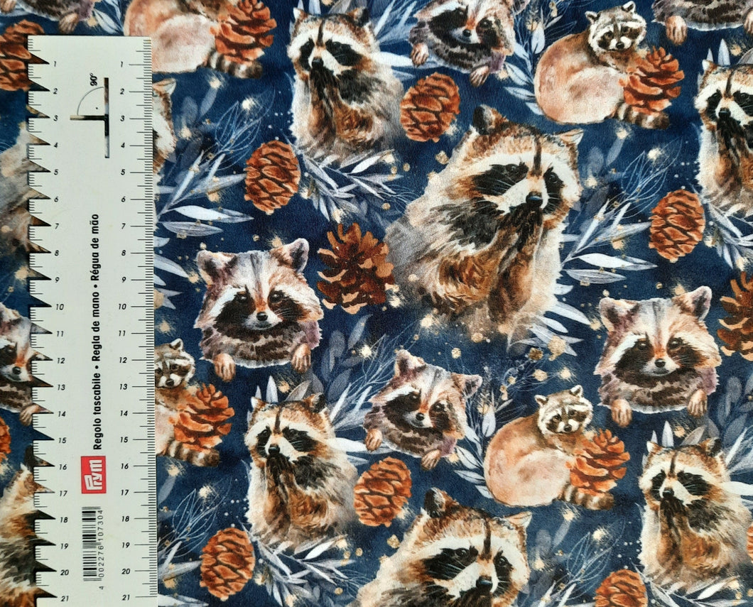 #416 raccoons and casseroles 1 meter Poly/Spandex brushed surplus