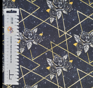 #313 flowers and triangles black background sold by the half meter French terry surplus