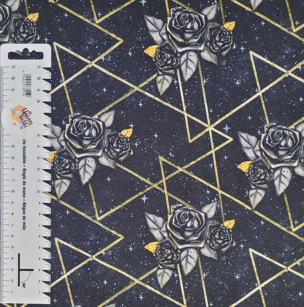 #313 fleurs et triangles fond noir vendu au demi mètre Coton Lycra surplus