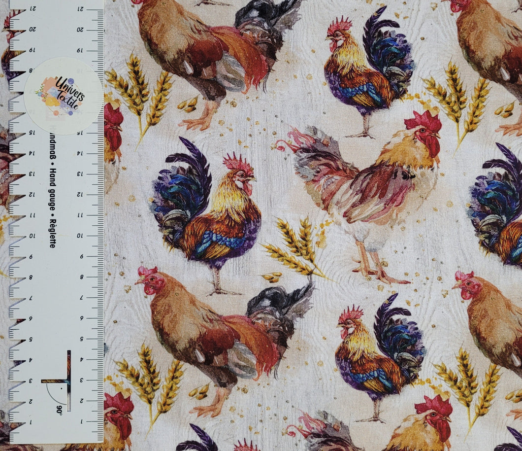 #482 poules et coqs vendu au demi mètre Coton Lycra surplus