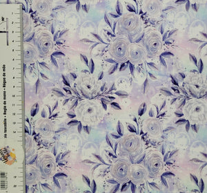 #610 bouquets lilas et bleus vendu au demi mètre Coton Lycra surplus