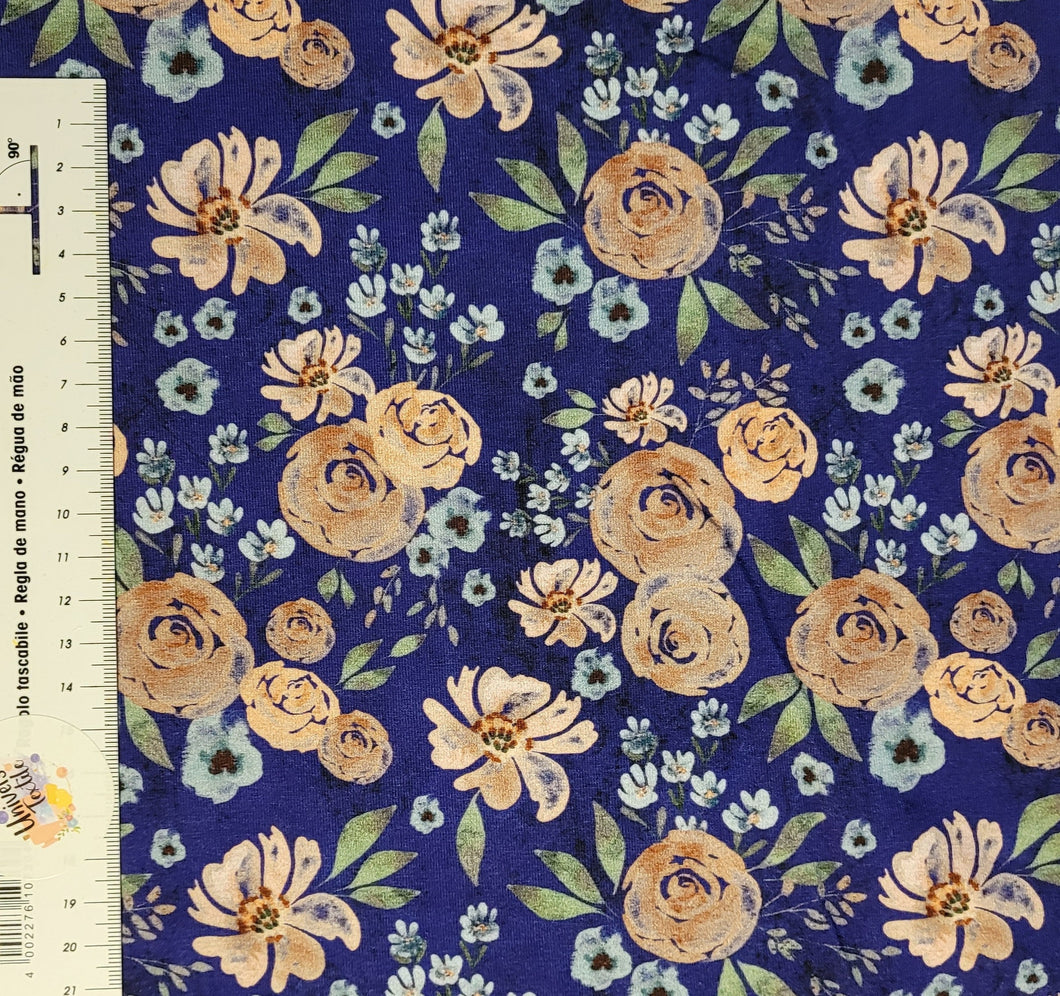 #646 fleurs vintage fond marine vendu au demi mètre Coton Lycra surplus