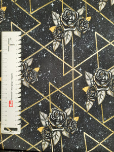 #313 flowers and triangles black background sold by the half meter surplus French Terry