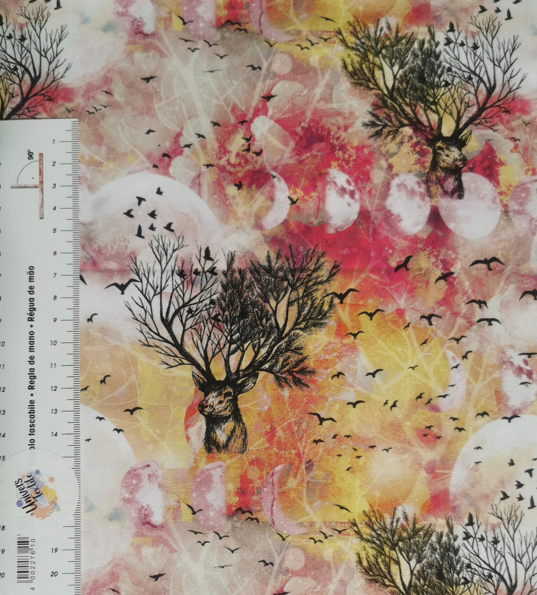 #390 chevreuil-arbre vendu au demi mètre Coton Lycra surplus