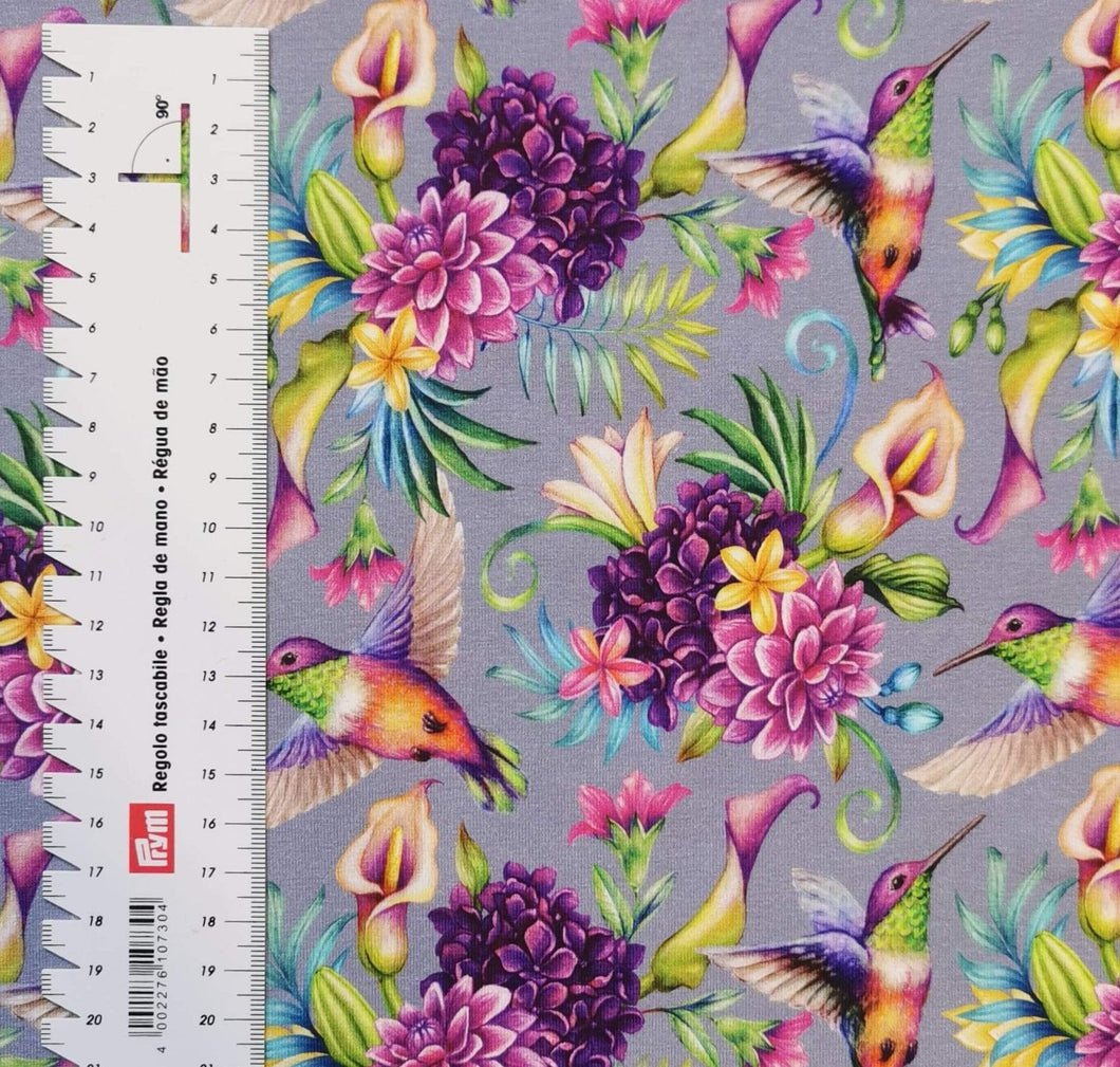 #132 hummingbirds in bloom sold by the half meter Cotton Lycra surplus NEW