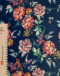 #87 fleurs rouges roses fond marine vendu au demi mètre Coton Lycra surplus