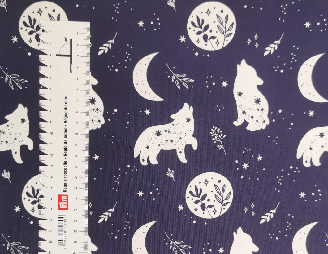 #129 loups et lunes vendu au demi mètre Coton Lycra surplus